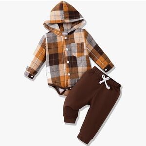 Baby Plaid Flannel Hoodie Romper Brown Pants Set in Size 6-12 Months NWOT
